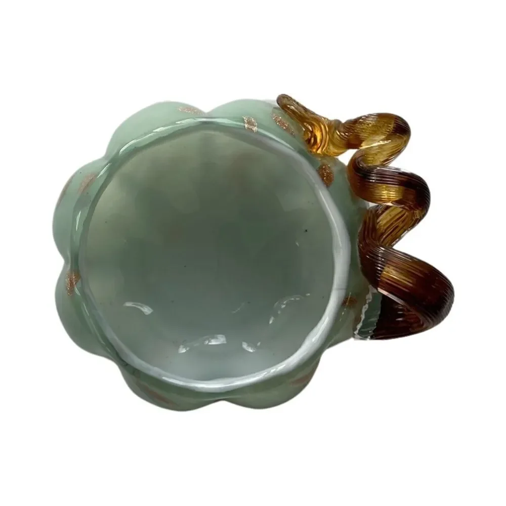 Hand Blown Art Glass Deco Pumpkin Bowl Vase Green Swirl  Metallic Accents NWT